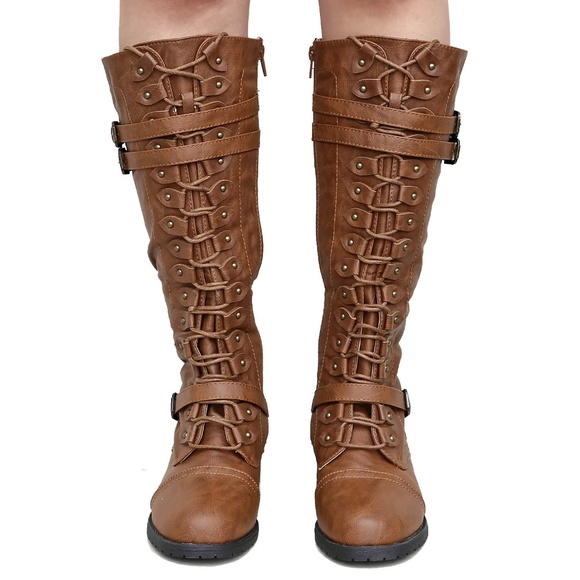 New Tan Combat Military Lace Up Knee High Boots - Picture 2 of 3